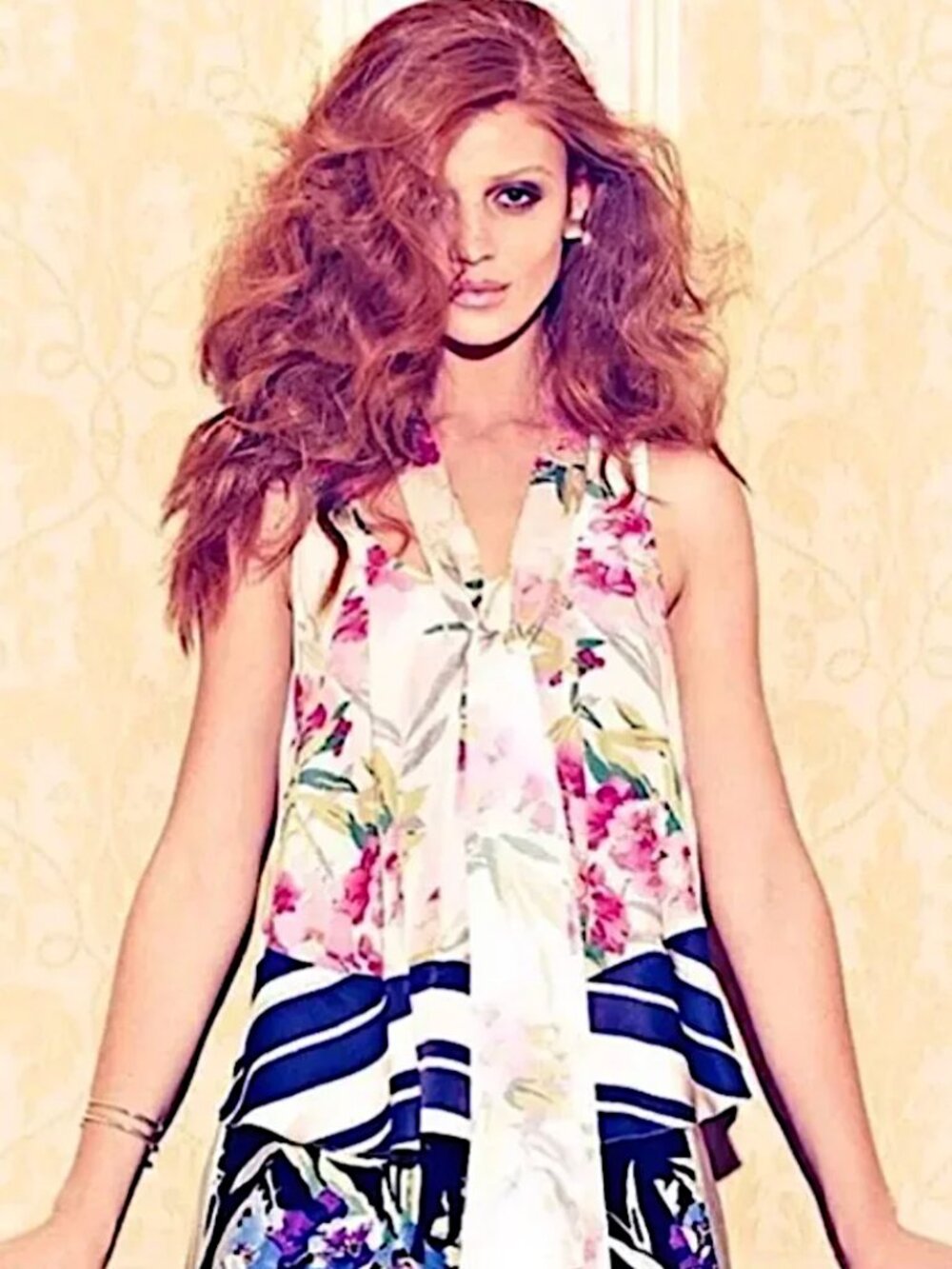 Elizabeth & James Floral Silk Charmeuse Tie Neck Sleeveless Blouse Top